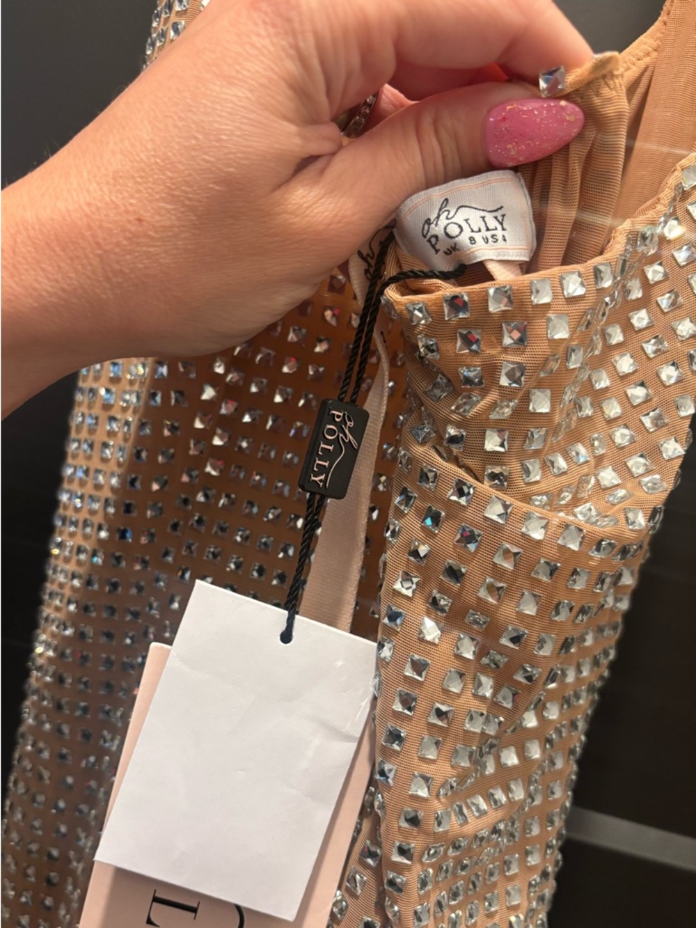 Oh Polly Amolika Embellished Halter Mini Dress Honey Nude Sequin Rhinestone US 4 - Picture 11 of 14